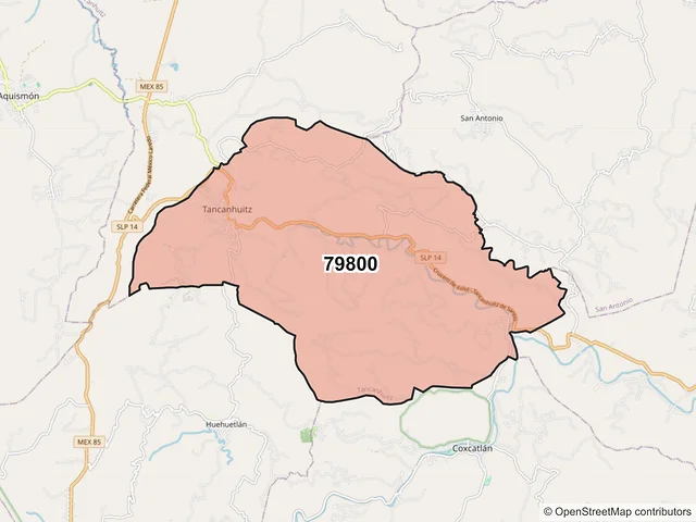 Mapa del código postal 79800, Tancanhuitz, San Luis Potosí
