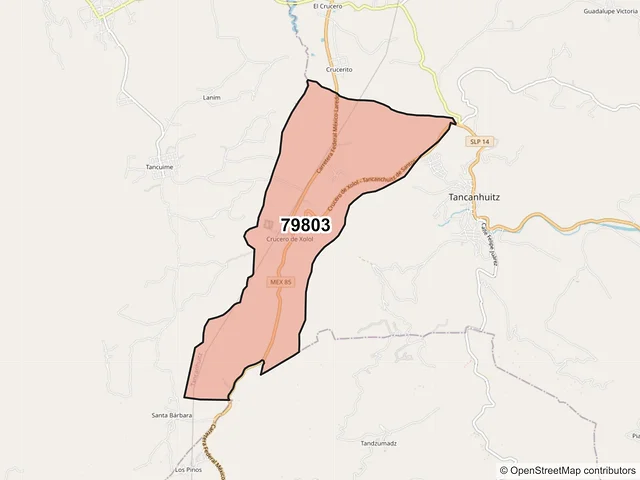 Mapa del código postal 79803, Tancanhuitz, San Luis Potosí