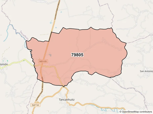 Mapa del código postal 79805, Tancanhuitz, San Luis Potosí