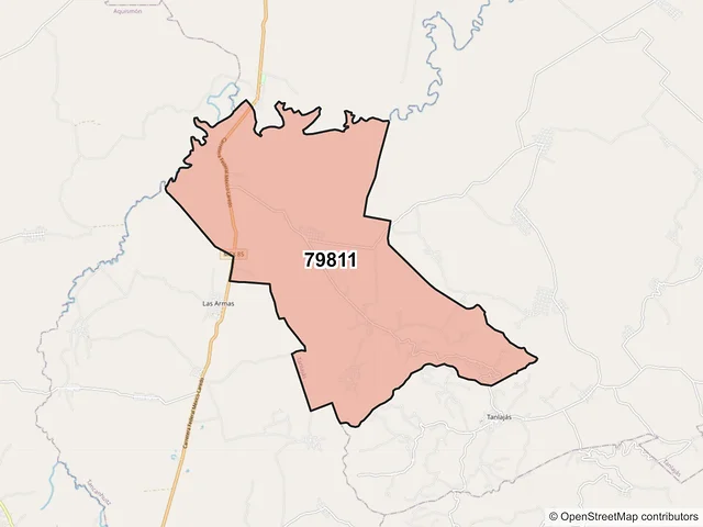 Mapa del código postal 79811, Tanlajás, San Luis Potosí