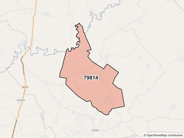 Mapa del código postal 79814, Tanlajás, San Luis Potosí