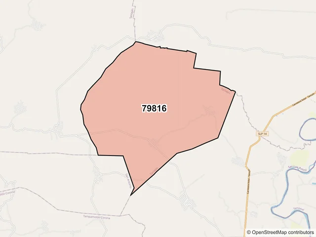 Mapa del código postal 79816, Tanlajás, San Luis Potosí