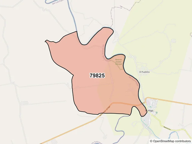 Mapa del código postal 79825, San Vicente Tancuayalab, San Luis Potosí