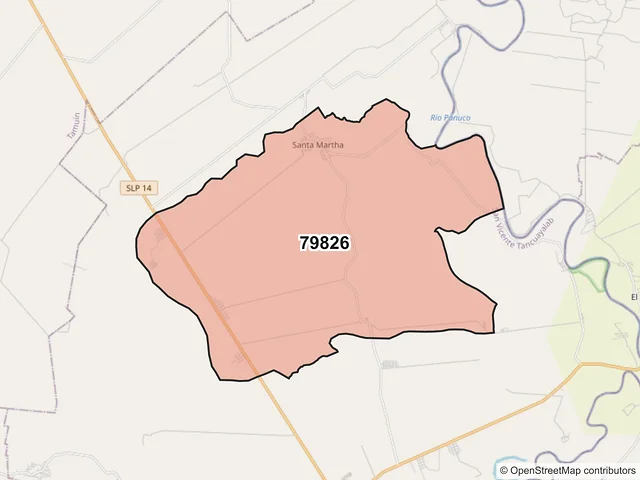Mapa del código postal 79826, San Vicente Tancuayalab, San Luis Potosí