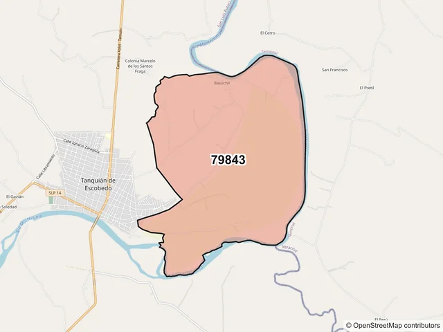 Mapa del código postal 79843, Tanquián de Escobedo, San Luis Potosí