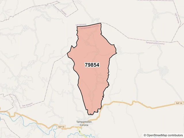 Mapa del código postal 79854, Tampamolón Corona, San Luis Potosí