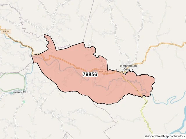 Mapa del código postal 79856, Tampamolón Corona, San Luis Potosí