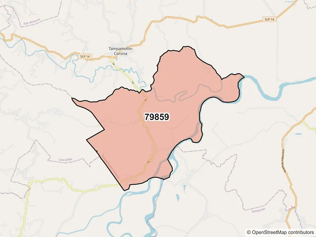 Mapa del código postal 79859, Tampamolón Corona, San Luis Potosí
