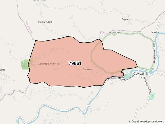 Mapa del código postal 79861, Coxcatlán, San Luis Potosí