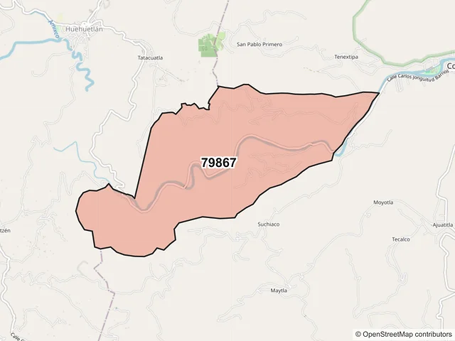 Mapa del código postal 79867, Coxcatlán, San Luis Potosí