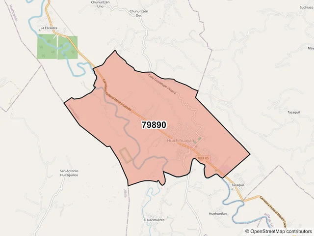 Mapa del código postal 79890, Huehuetlán, San Luis Potosí