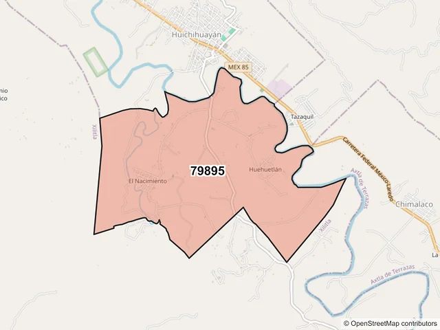 Mapa del código postal 79895, Huehuetlán, San Luis Potosí