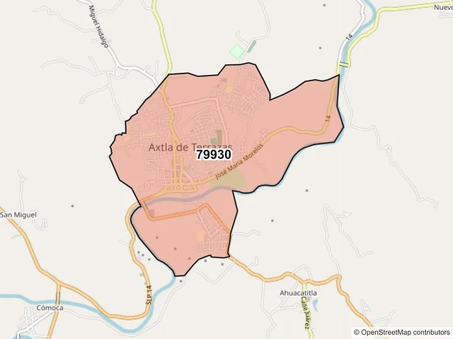 Mapa del código postal 79930, Axtla de Terrazas, San Luis Potosí