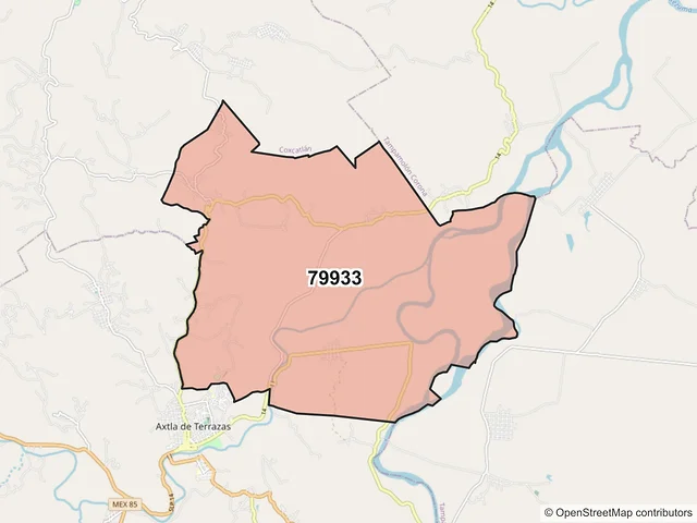 Mapa del código postal 79933, Axtla de Terrazas, San Luis Potosí