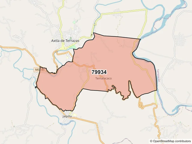 Mapa del código postal 79934, Axtla de Terrazas, San Luis Potosí