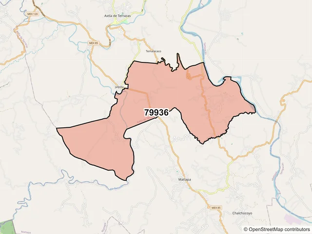 Mapa del código postal 79936, Axtla de Terrazas, San Luis Potosí