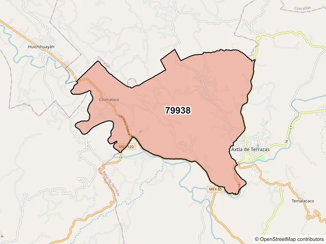 Mapa del código postal 79938, Axtla de Terrazas, San Luis Potosí