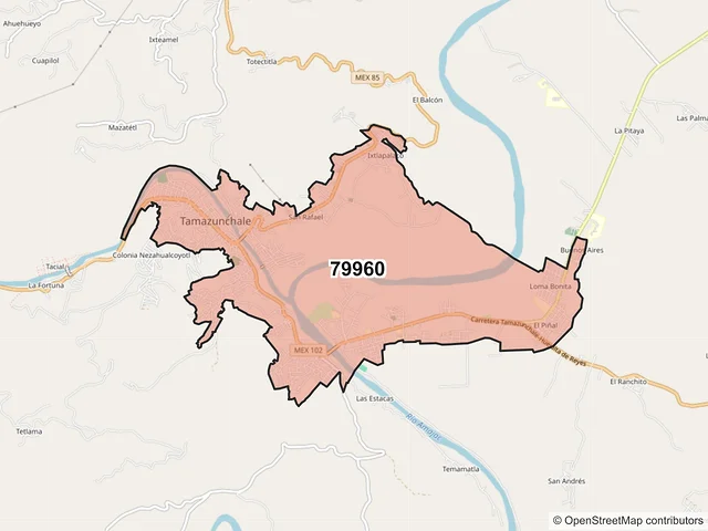 Mapa del código postal 79960, Tamazunchale, San Luis Potosí