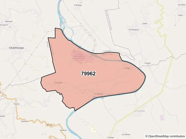 Mapa del código postal 79962, Tamazunchale, San Luis Potosí