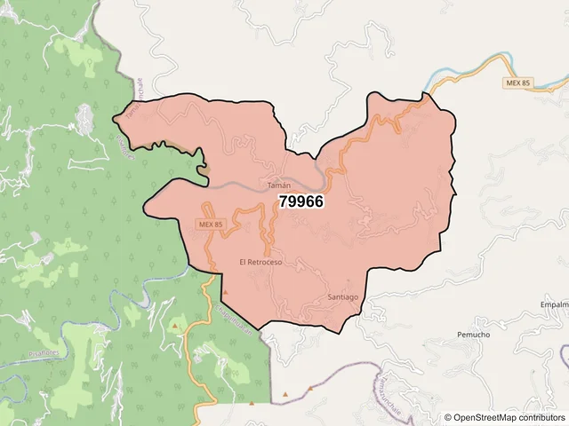 Mapa del código postal 79966, Tamazunchale, San Luis Potosí