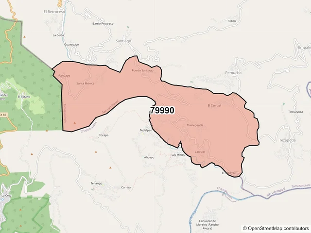 Mapa del código postal 79990, Tamazunchale, San Luis Potosí