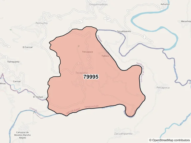 Mapa del código postal 79995, Tamazunchale, San Luis Potosí