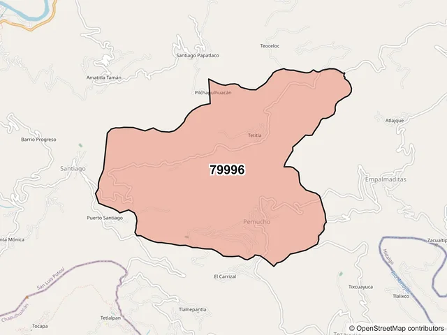 Mapa del código postal 79996, Tamazunchale, San Luis Potosí