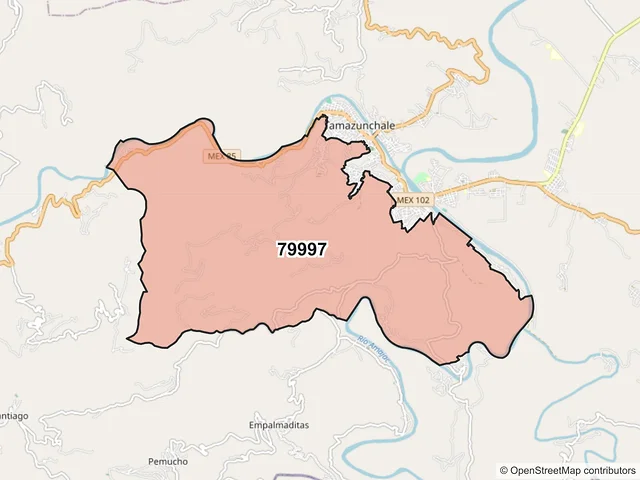 Mapa del código postal 79997, Tamazunchale, San Luis Potosí