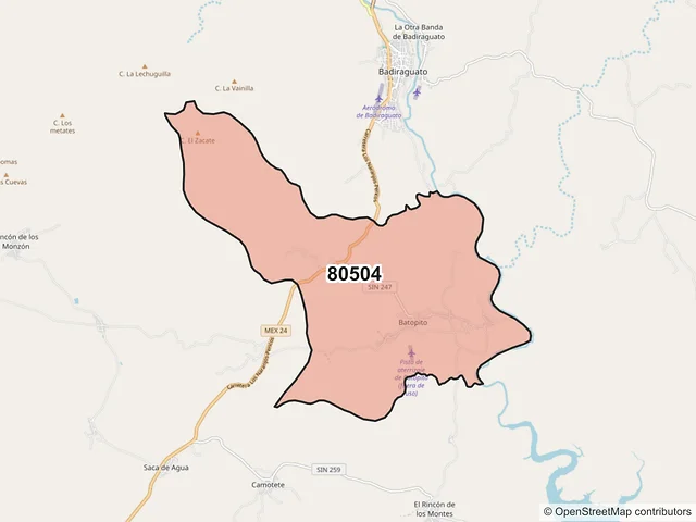 Mapa del código postal 80504, Badiraguato, Sinaloa
