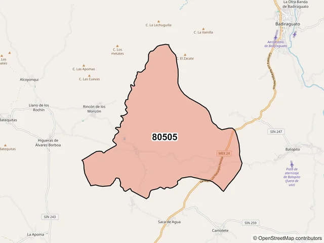 Mapa del código postal 80505, Badiraguato, Sinaloa