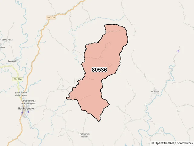 Mapa del código postal 80536, Badiraguato, Sinaloa
