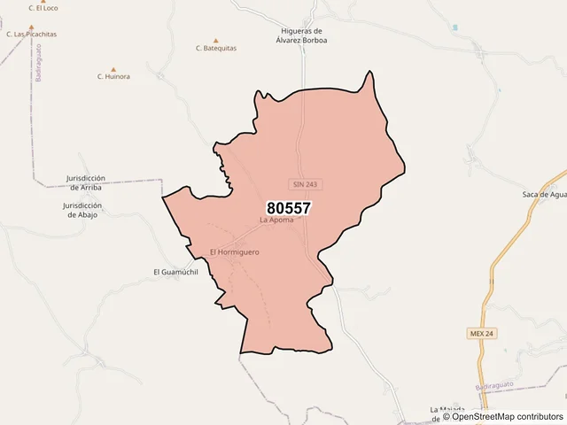 Mapa del código postal 80557, Badiraguato, Sinaloa