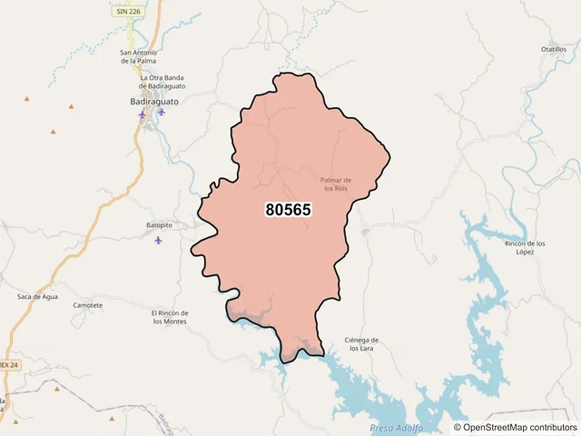 Mapa del código postal 80565, Badiraguato, Sinaloa