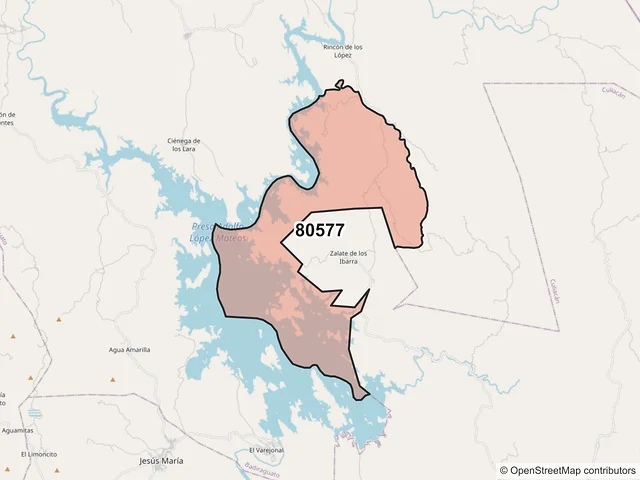 Mapa del código postal 80577, Badiraguato, Sinaloa
