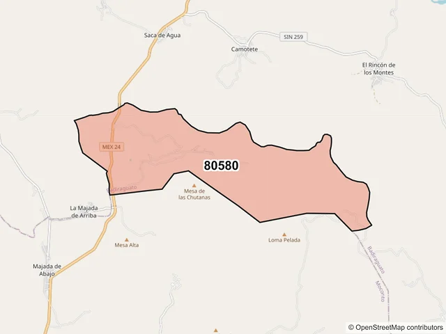 Mapa del código postal 80580, Badiraguato, Sinaloa