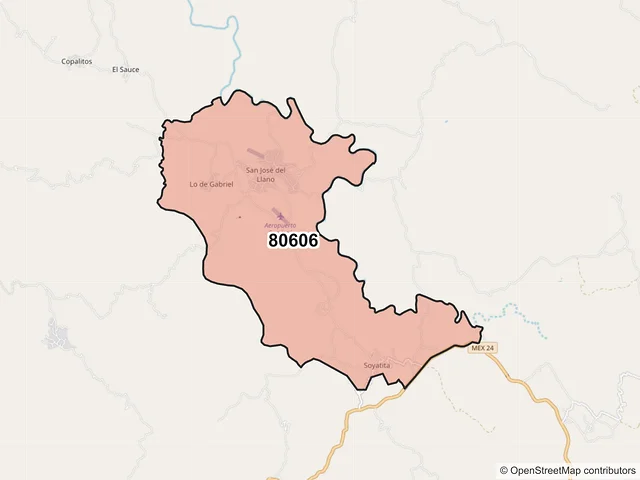 Mapa del código postal 80606, Badiraguato, Sinaloa