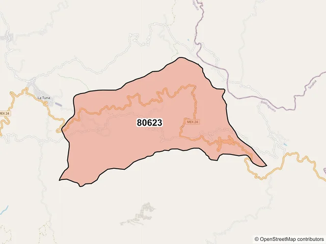 Mapa del código postal 80623, Badiraguato, Sinaloa