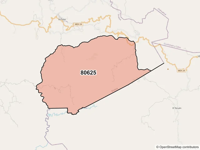 Mapa del código postal 80625, Badiraguato, Sinaloa