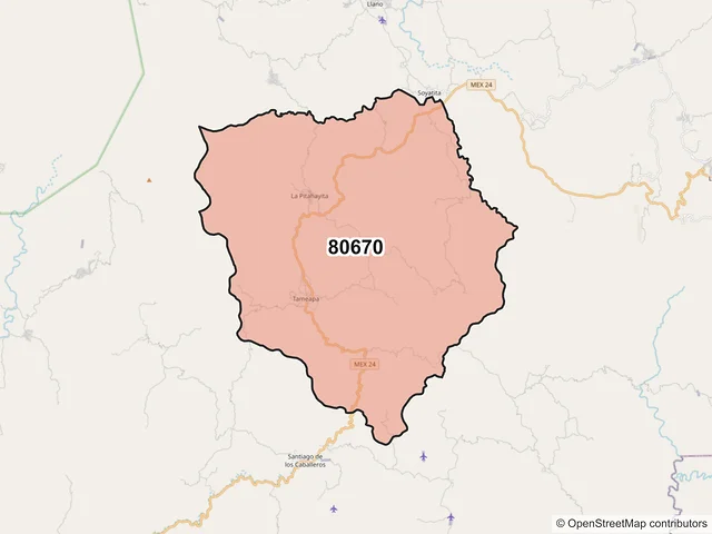 Mapa del código postal 80670, Badiraguato, Sinaloa
