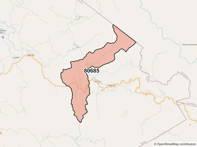 Mapa del código postal 80685, Badiraguato, Sinaloa