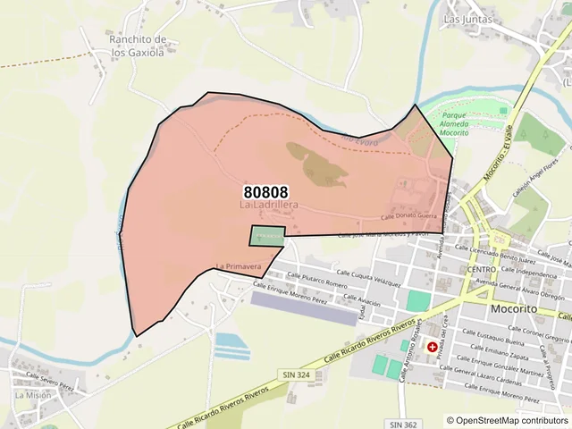 Mapa del código postal 80808, Mocorito, Sinaloa