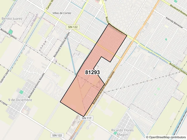 Mapa del código postal 81293, Los Mochis, Sinaloa
