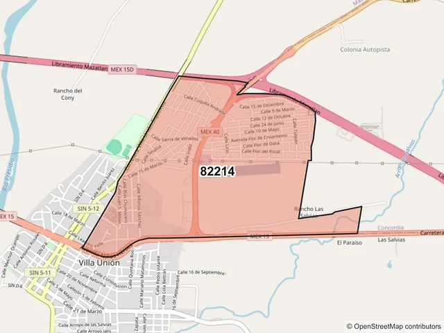 Mapa del código postal 82214, Mazatlán, Sinaloa