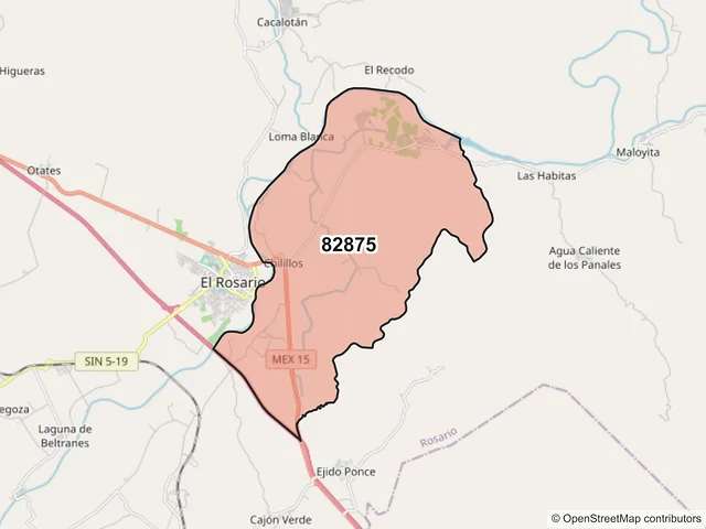 Mapa del código postal 82875, Rosario, Sinaloa