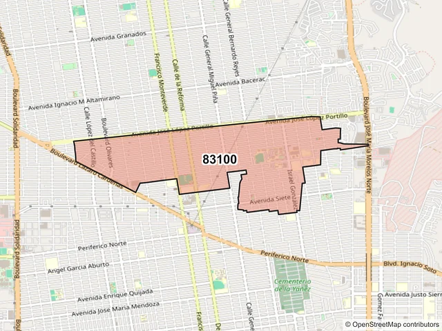 Mapa del código postal 83100, Hermosillo, Sonora