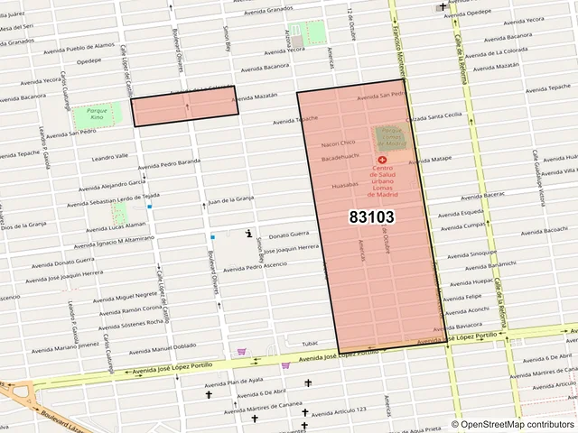 Mapa del código postal 83103, Hermosillo, Sonora