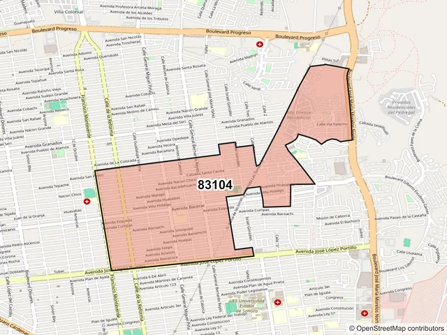Mapa del código postal 83104, Hermosillo, Sonora