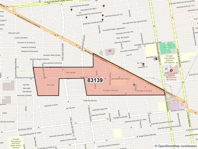 Mapa del código postal 83139, Hermosillo, Sonora