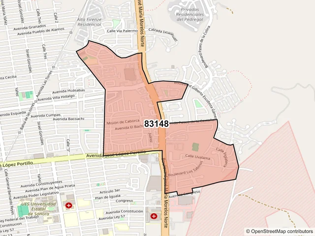 Mapa del código postal 83148, Hermosillo, Sonora