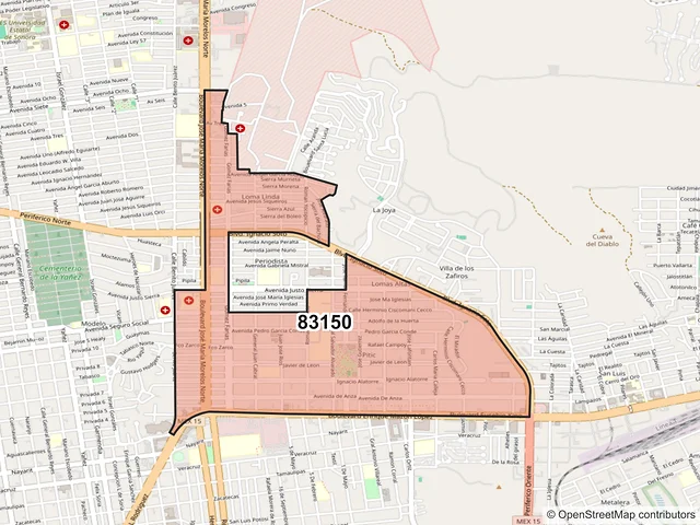 Mapa del código postal 83150, Hermosillo, Sonora